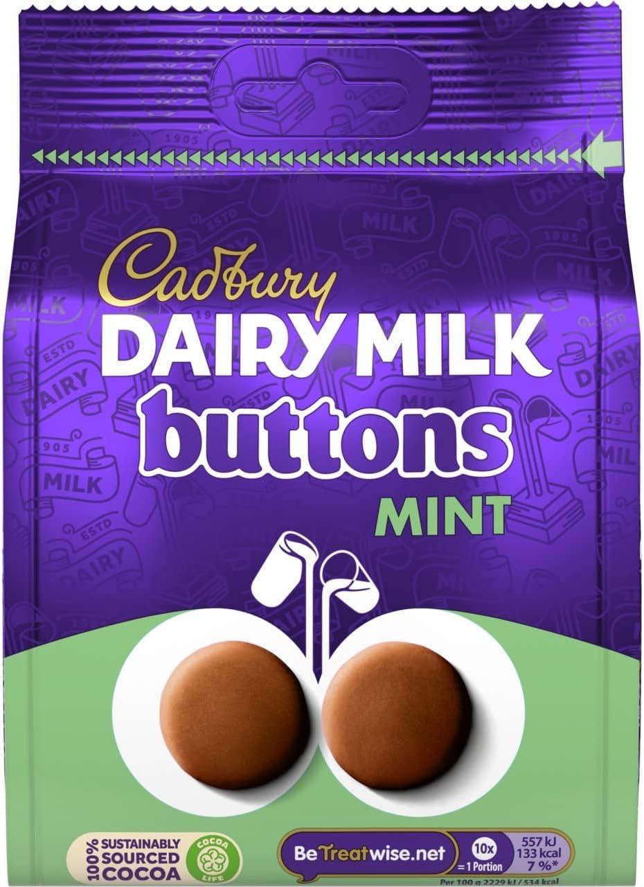 Cadbury Dairy Milk Giant Mint Chocolate Buttons, 110g Bag