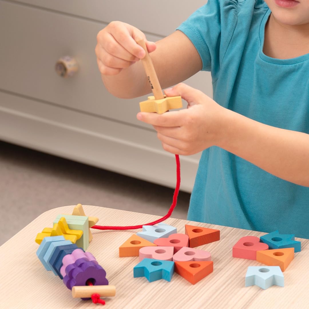 TickiT Rainbow Wooden Lacing Shapes - Educational Threading Toy for Toddlers 3+ 5