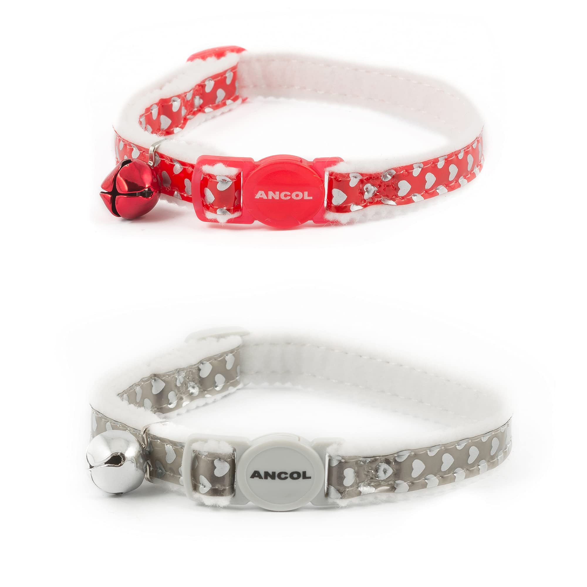 Ancol Reflective Gloss Hearts Safety Cat Collar - Silver | Break-away Buckle | Warning Bell 2