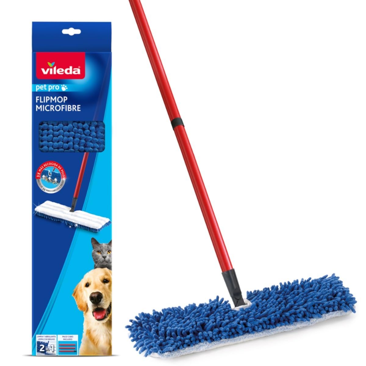 Vileda Pet Pro Microfibre Flip Mop - 2-Sided Wet & Dry Cleaning for All Hard Floors