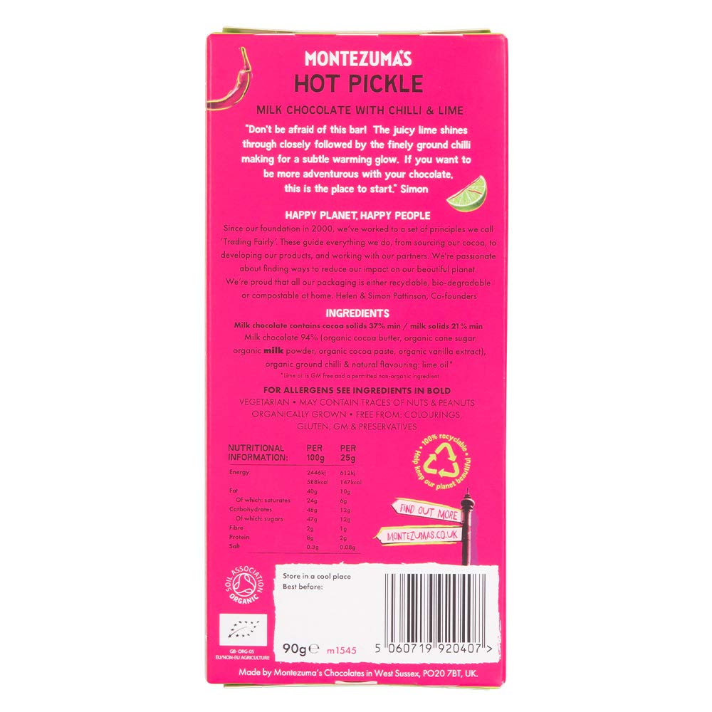 Montezuma - Hot Pickle 37% Kakao Milchschokolade mit Chili &amp; Limette, Bio Glutenfreier Riegel (90g) 3