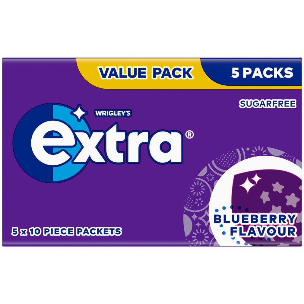 Wrigley's Extra Blueberry Sugar-Free Chewing Gum - 5 Packs of 10 Pieces (50 Total)