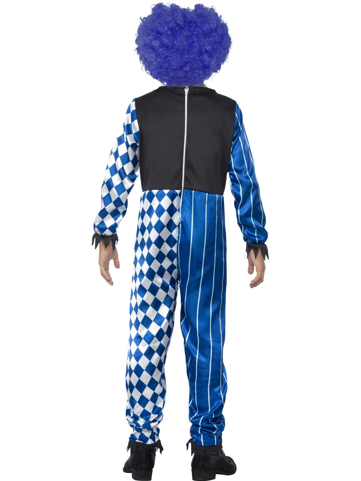 Smiffys Deluxe Sinister Clown Costume - Blue Jumpsuit with EVA Mask, Attached Brain & Hair, Ages 7-9
