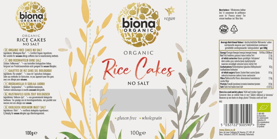Biona Organic Unsalted Rice Cakes - 100% Wholegrain Brown Rice | Source of Fibre | Gluten Free (12 x 100g)