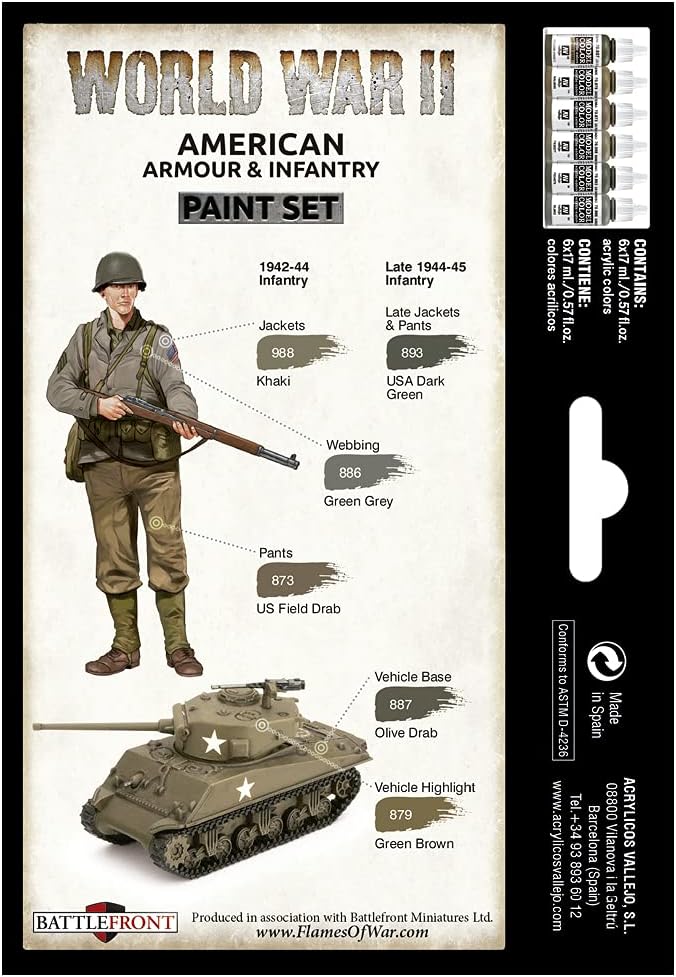 Vallejo Model Color Set - WWII American Armour & Infantry Paints, 17 ml (Pack of 6)