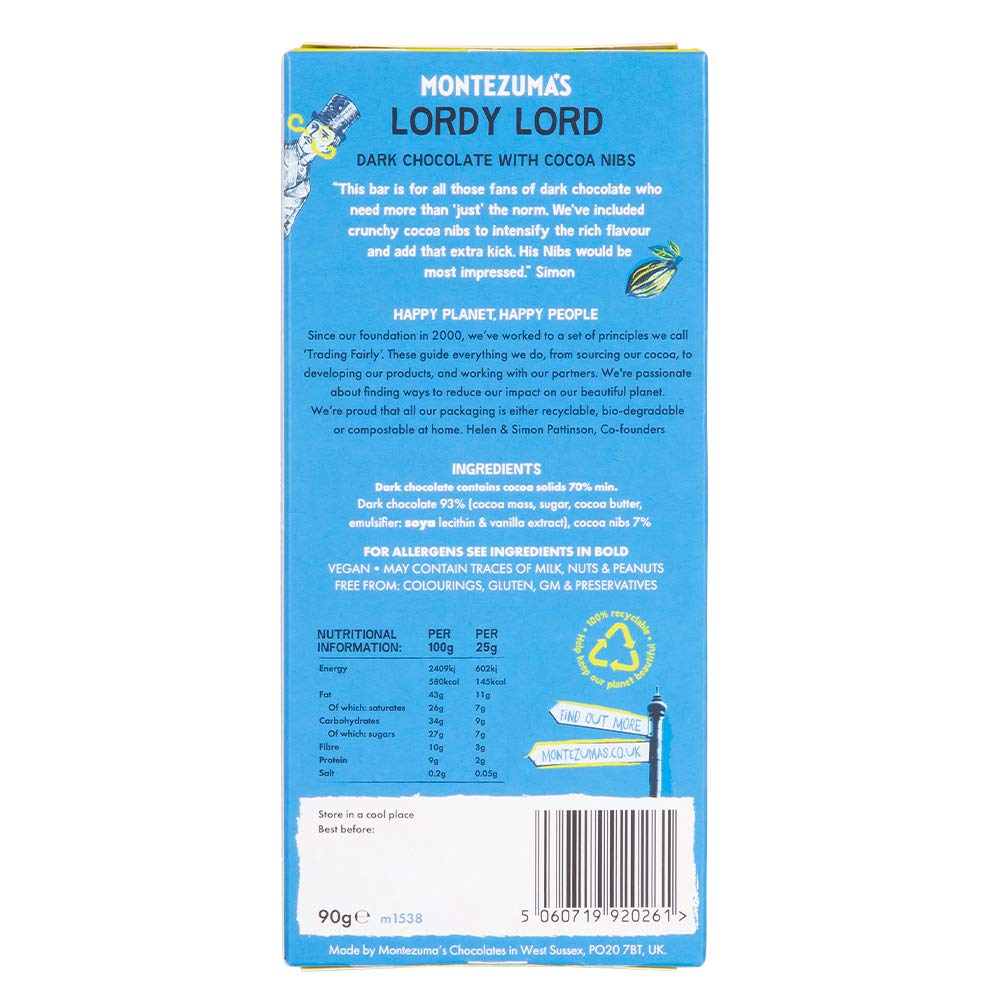 Montezuma - Lordy Lord 70% Cocoa Dark Chocolate Bar with Cocoa Nibs, Vegan & Gluten-Free, 90g 3