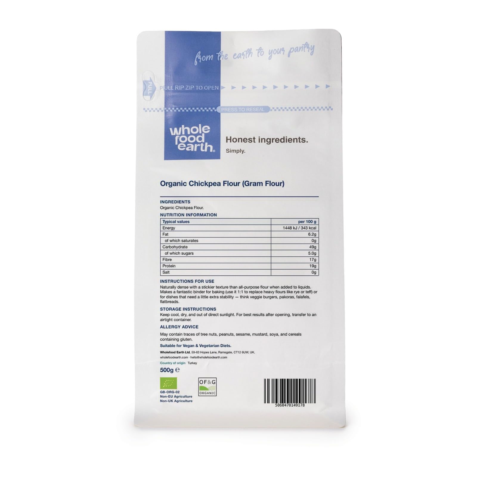 Wholefood Earth Organic Chickpea Flour (Gram Flour) - 500g | Vegan | High Fibre & Protein