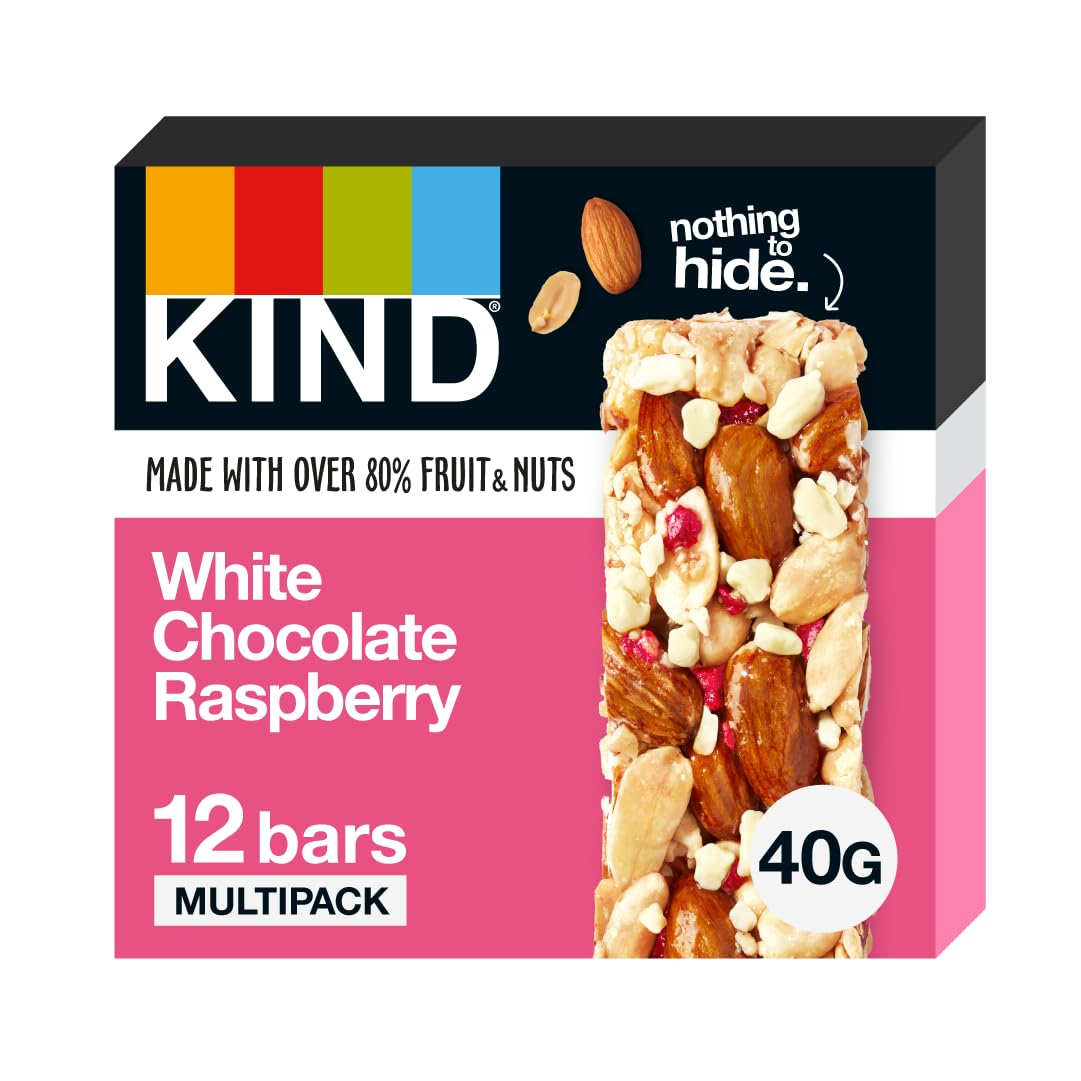 KIND White Chocolate Raspberry Snack Bars, Gluten Free, High Fibre, No Artificial Ingredients, 12 x 40g