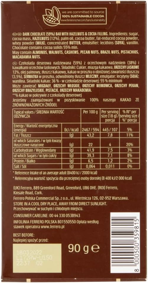 Ferrero Rocher Dark Chocolate and Hazelnut Bar, 55% Cocoa, 90g