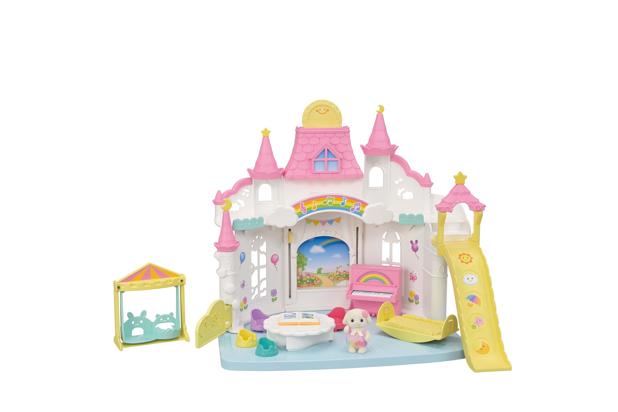 Sylvanian Families Sunny Castle Nursery Playset - Interactive Weather Feature | Includes Flora Rabbit Baby | Ages 3+ 1