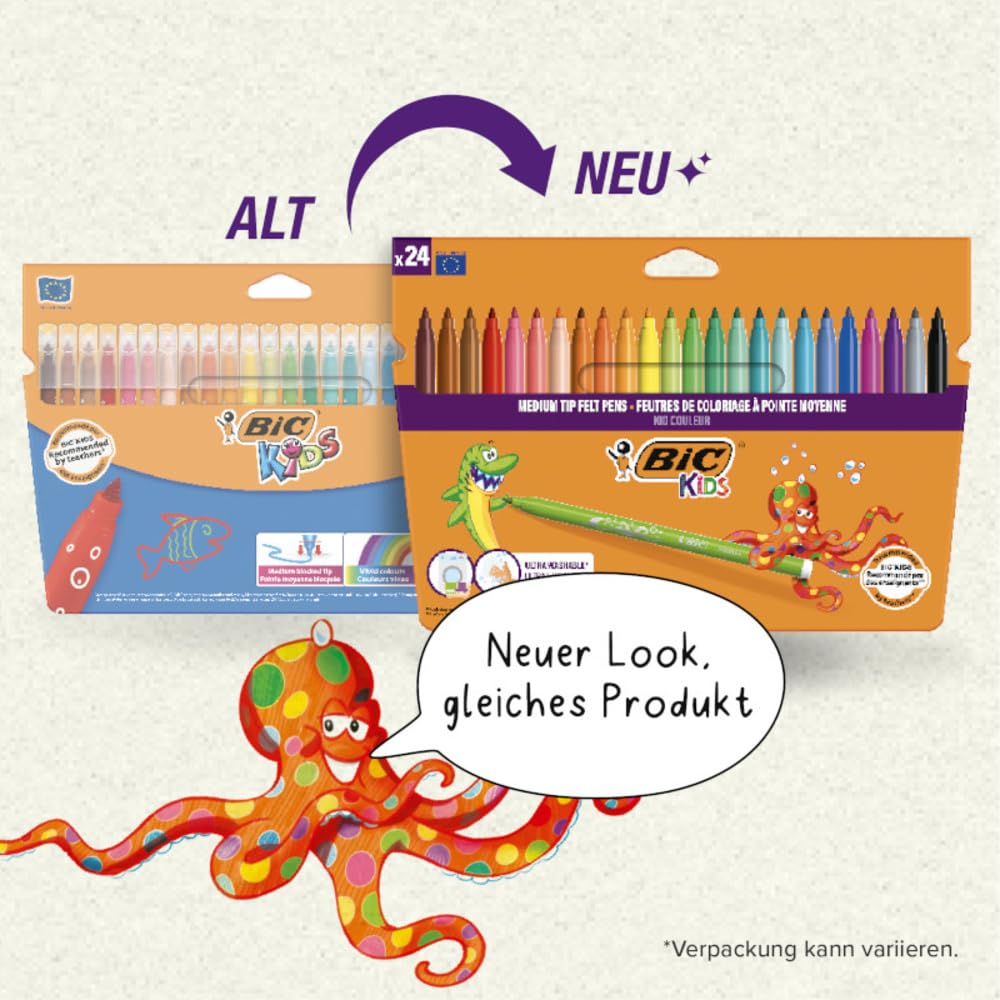 BIC Kids Kid Couleur Felt Tip Pens - 24 Assorted Colors, Washable, Medium Nib, Cardboard Wallet 9