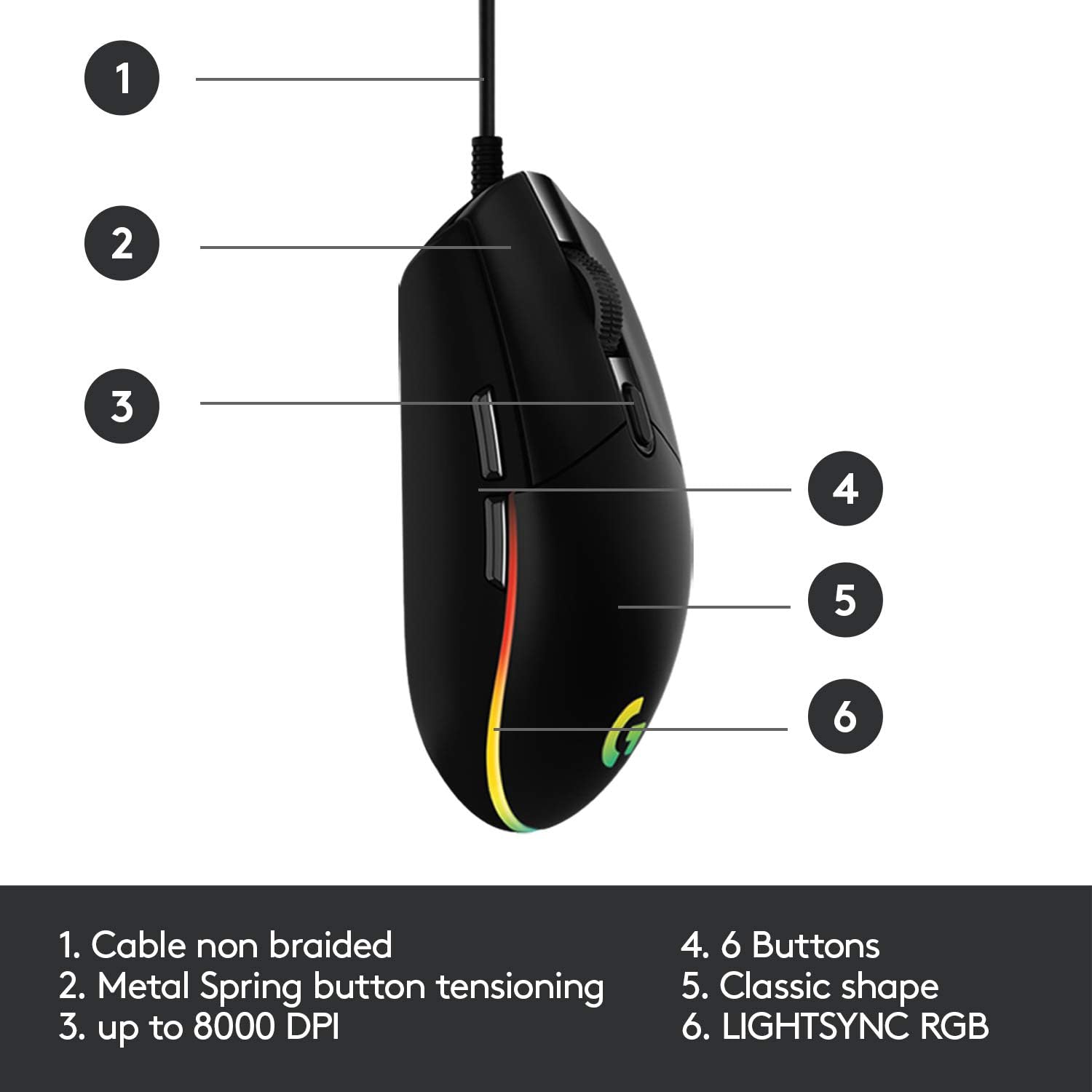 Logitech G203 LIGHTSYNC Gaming Mouse - 8K DPI, 6 Programmable Buttons, RGB Lighting, Lightweight Design - Black 6