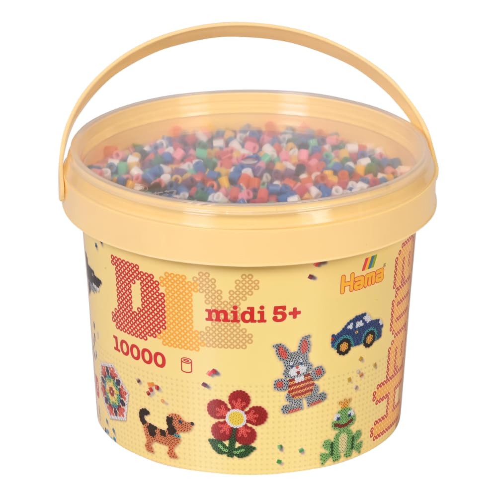 Hama Midi Beads Bucket - 10,000 Assorted Colours Fuse Beads Craft Kit with 2 Pegboards & Ironing Paper