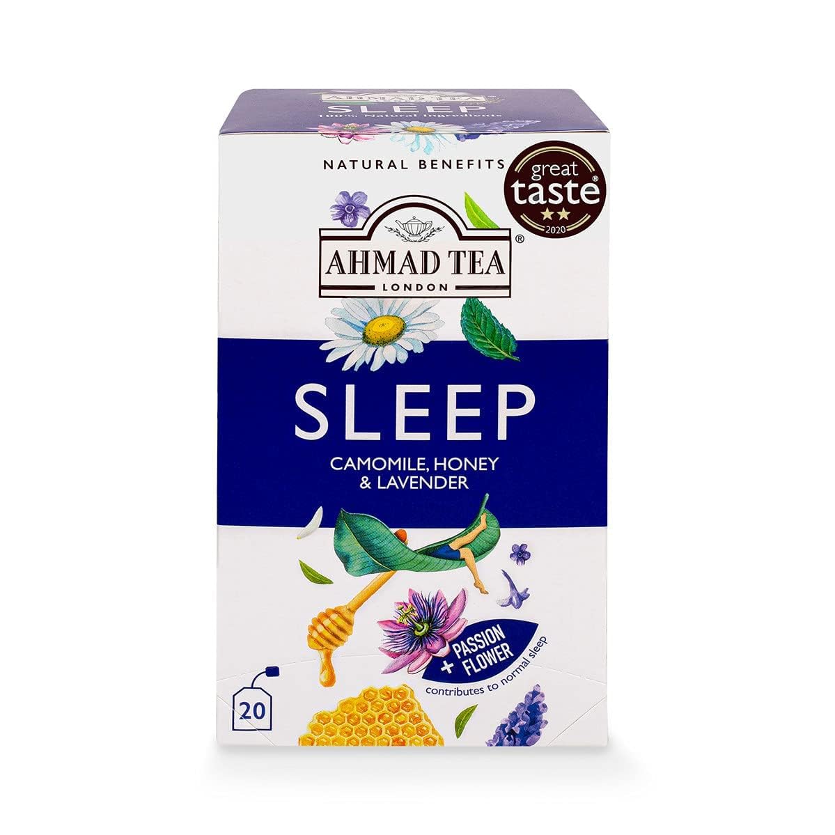 Ahmad Tea Natural Benefit Sleep Infusion Herbal Tea - Camomile, Honey & Lavender | 20 Count Teabags