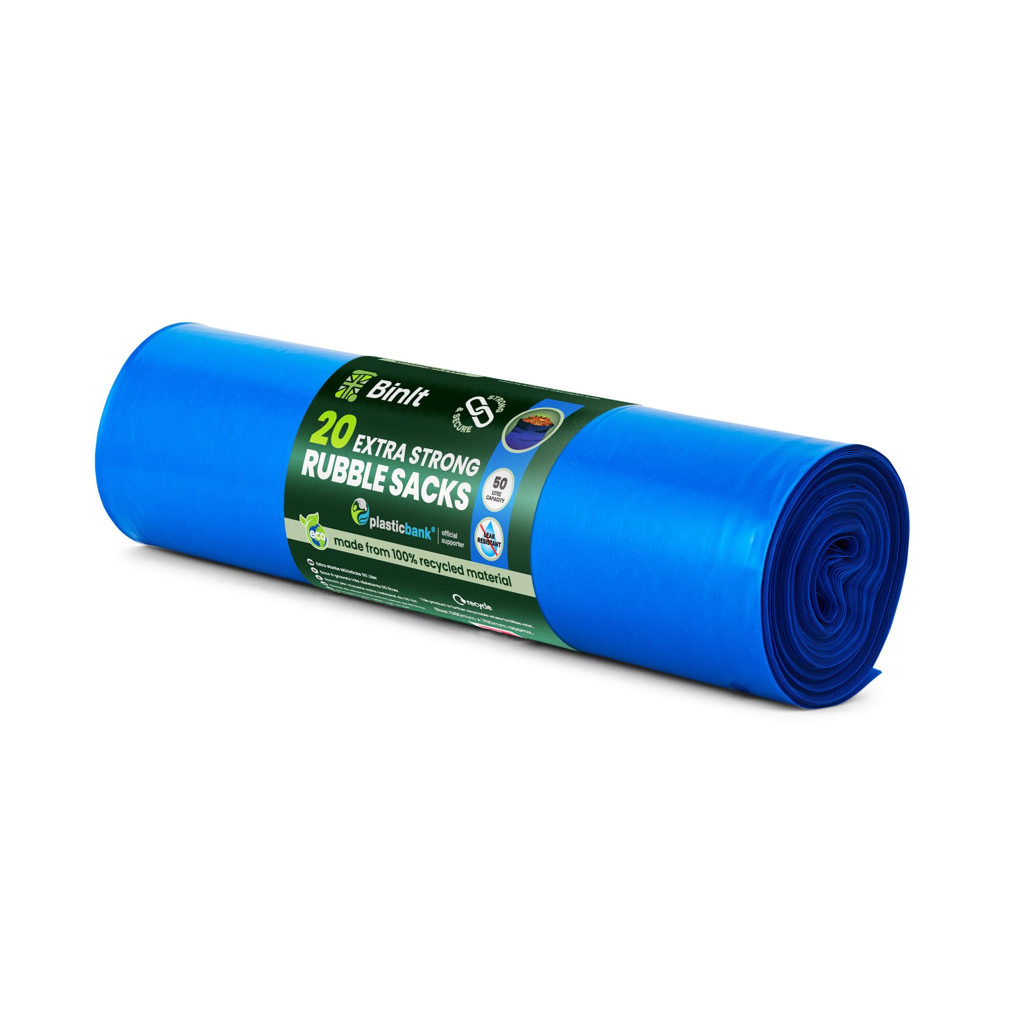 BIN IT Bin Liners - 20 Extra Strong Heavy Duty Blue Rubble Sacks | 50 Litre Capacity | 100% Recycled LDPE