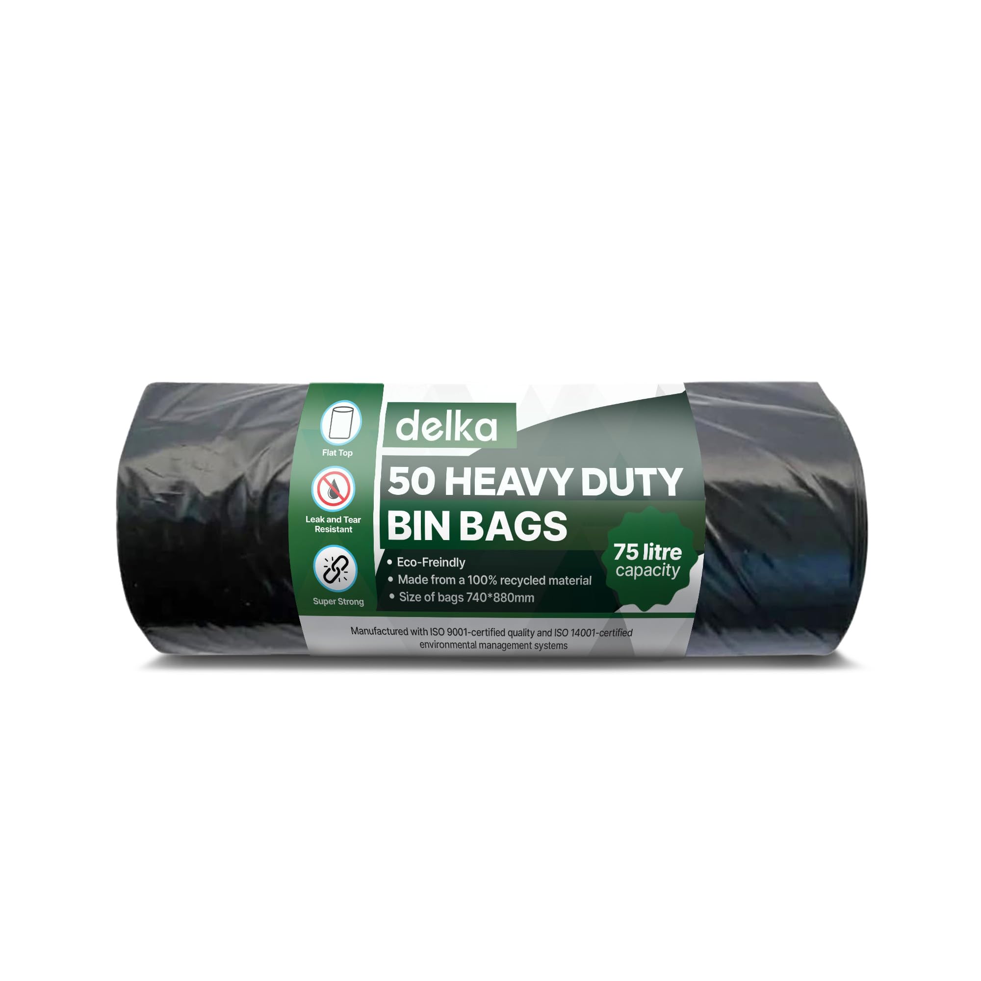 Delka Heavy Duty Black Bin Bags – 50L Capacity, 25 Micron Thick, Leak-Proof – Pack of 50