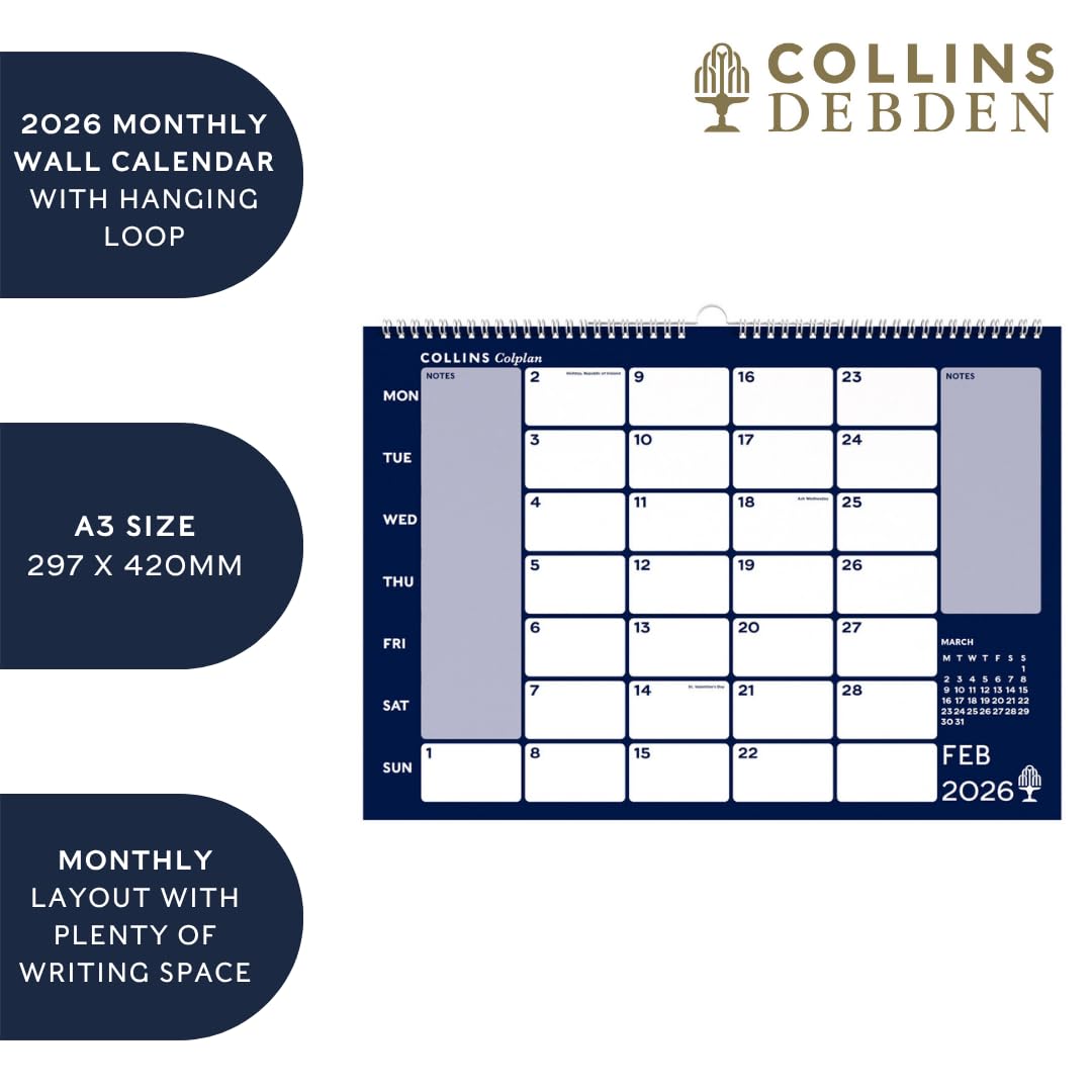 Collins Colplan 2026 Wall Diary Calendar - A3 Monthly View with Notes Space | CMC-26