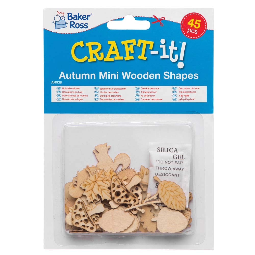Baker Ross AR938 Autumn Mini Wooden Shapes Craft Kit - 45-Piece Set for Kids