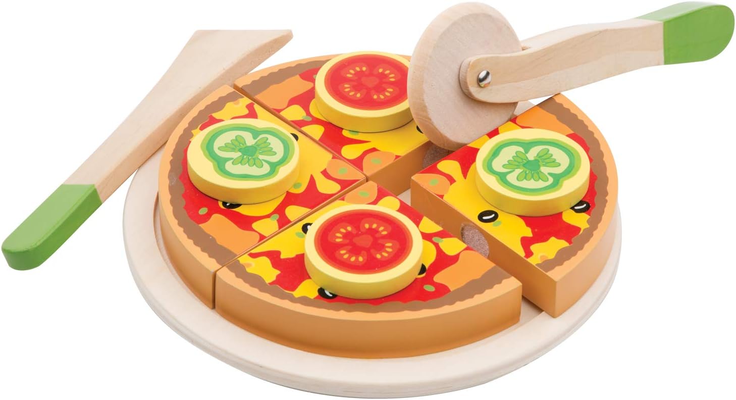 New Classic Toys 10587 Wooden Pretend Play Pizza Set - Educational Cutting & Cooking Toy for Toddlers 2+ 4