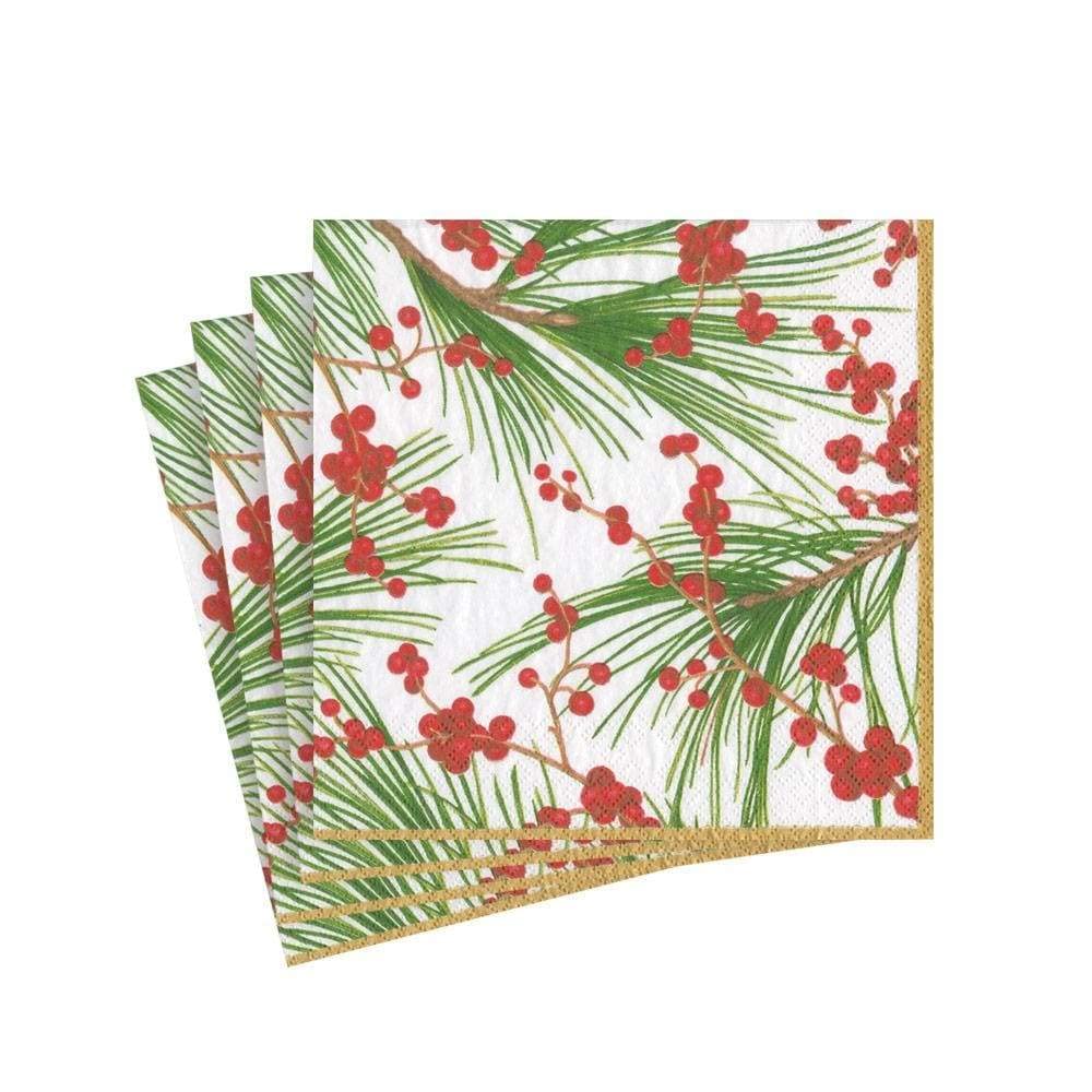 Caspari Berries and Pine Triple-Ply Paper Cocktail Napkins - 20 Per Package