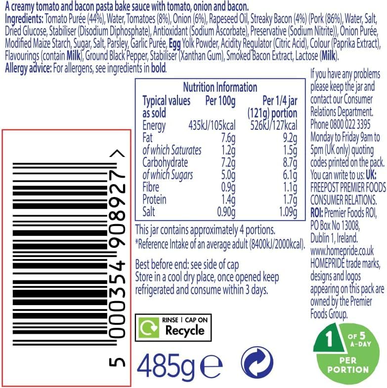 Homepride Tomato & Bacon Pasta Bake Sauce, 485g Jar 6