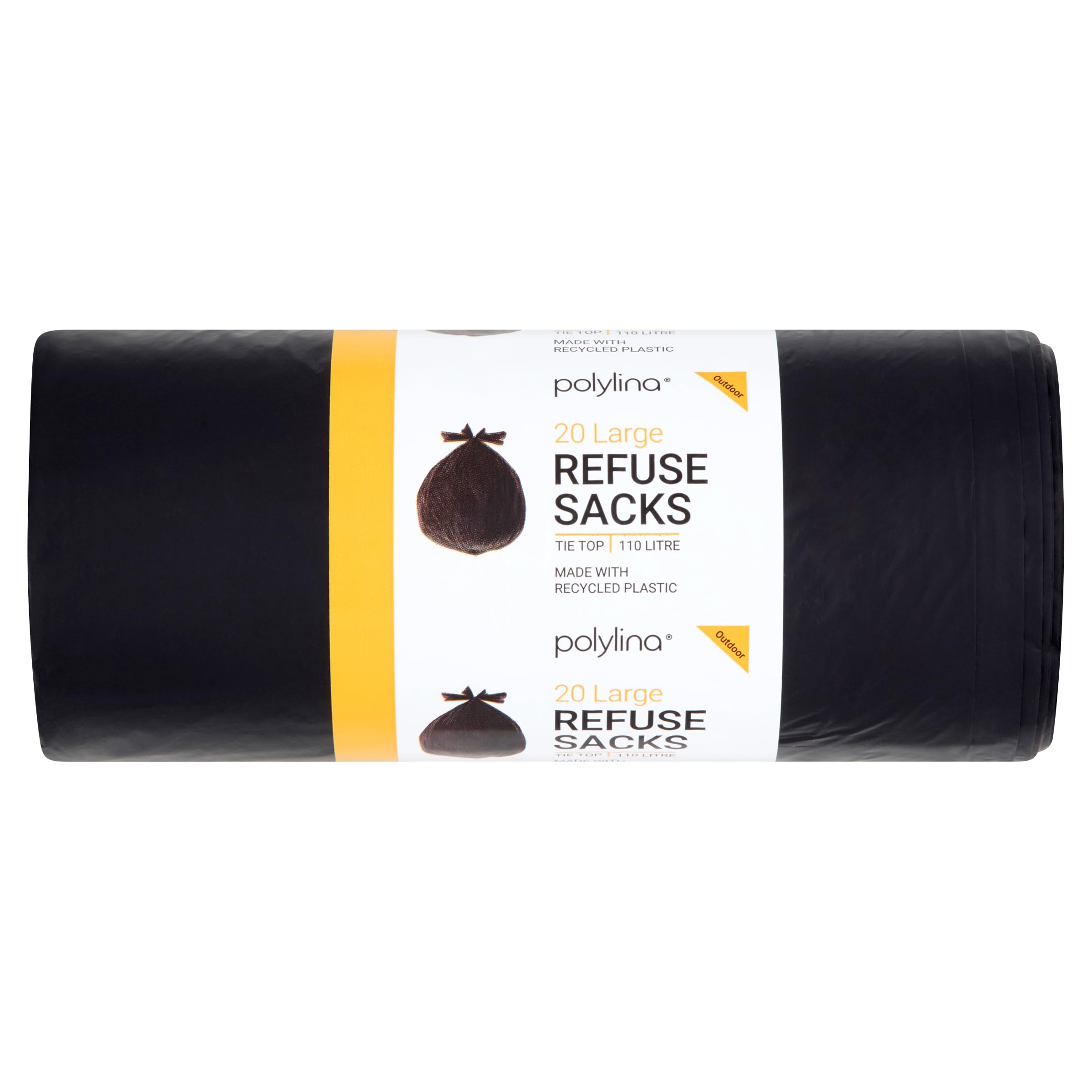 Polylina 20 Pack 110L Tie Top Heavy Duty Bin Bags, Black, Made in UK from Recycled Plastic