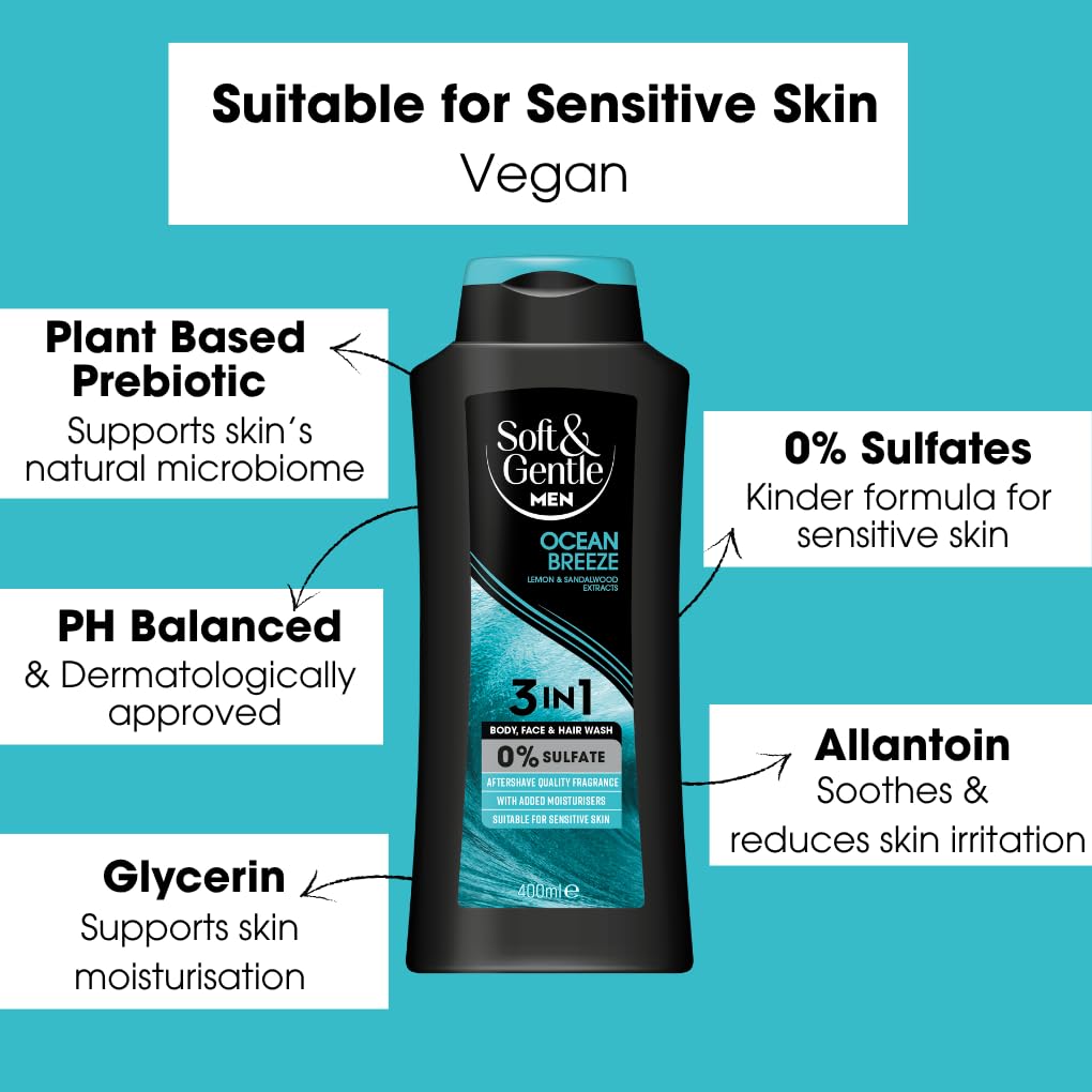 Soft & Gentle Men Ocean Breeze 3 in 1 Shower Gel | 400ml | Sulfate Free | Lemon & Sandalwood 3
