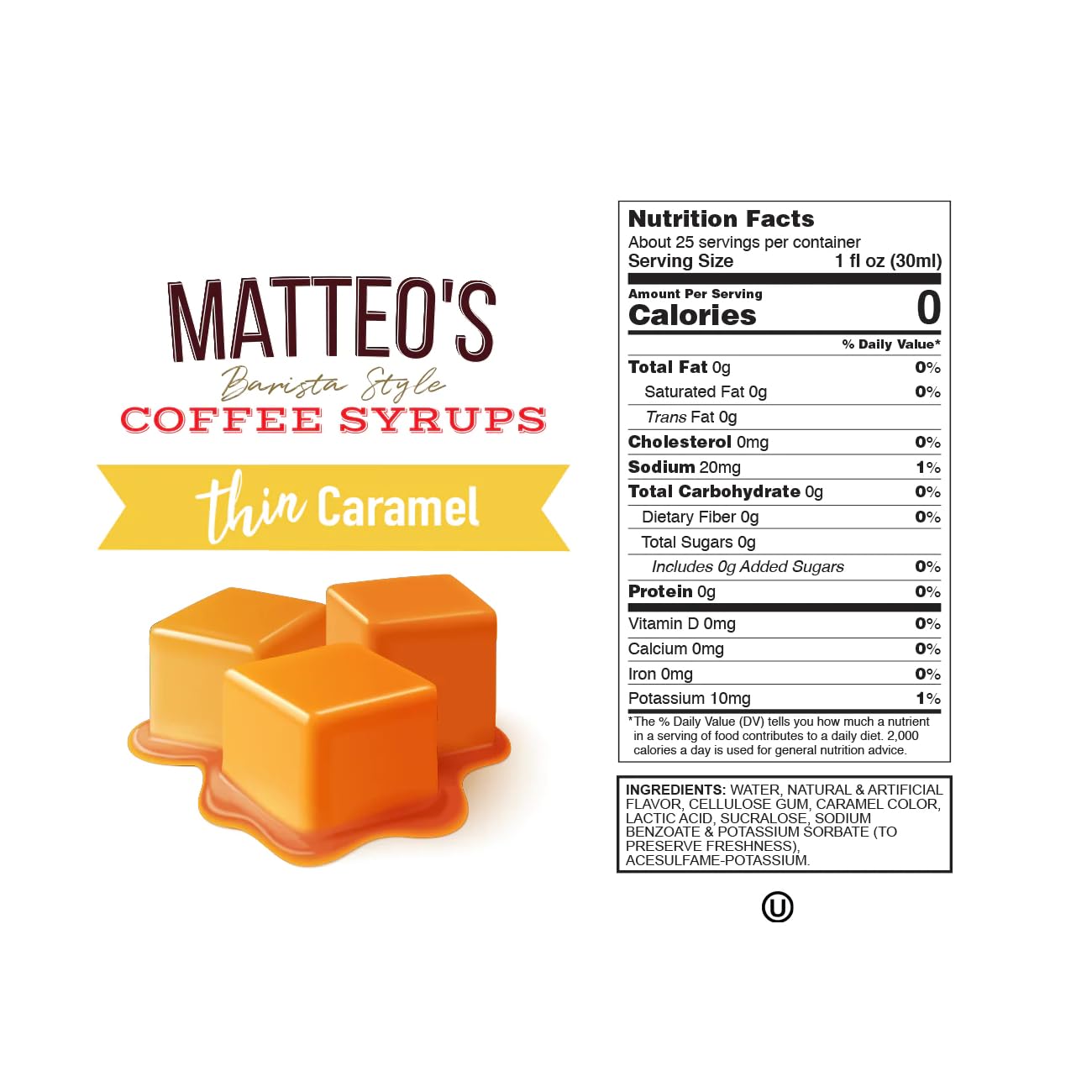 Matteo's Sugar Free Coffee Syrup - Caramel Flavor | 0 Calories, 0 Carbs | 750 ml
