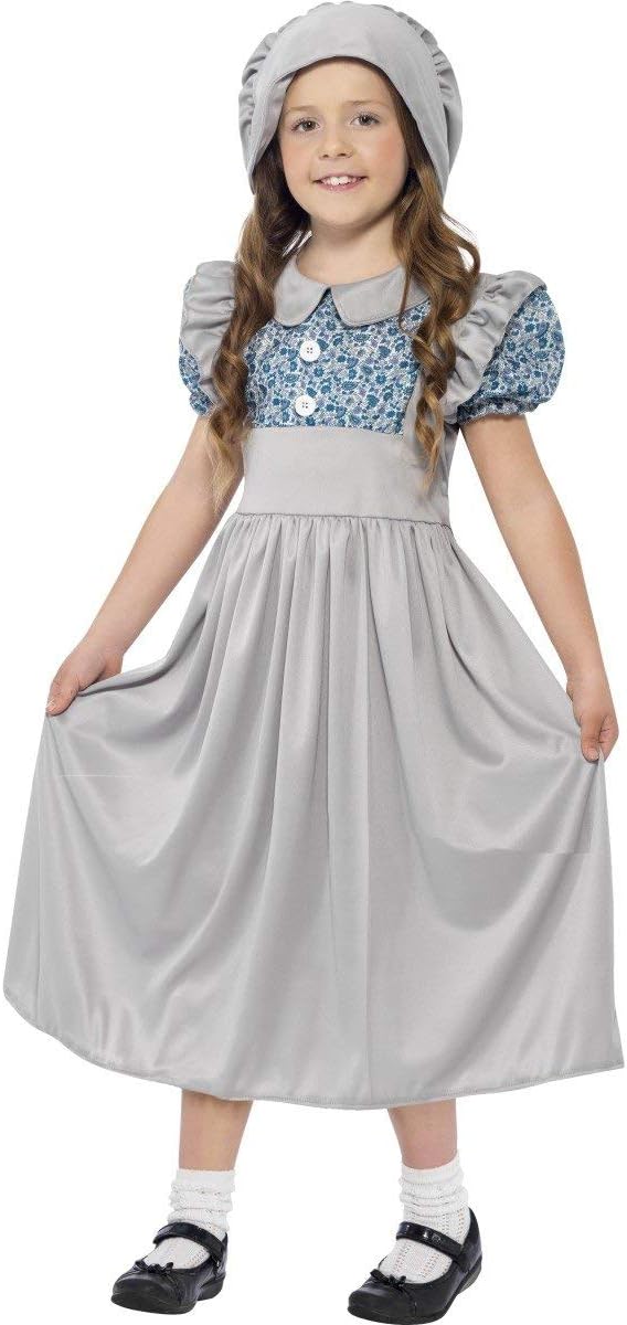 Smiffys Victorian School Girl Costume - Grey Dress & Hat for Ages 4-6