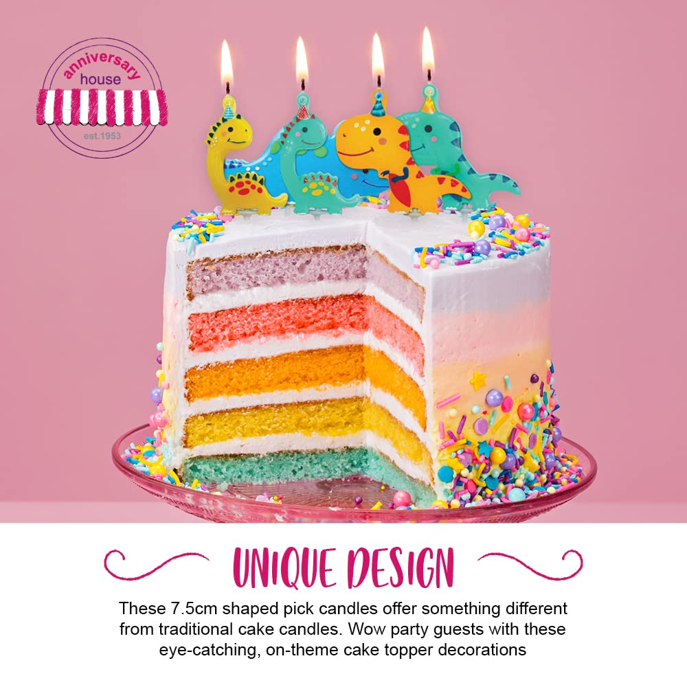 Anniversary House Pack of 5 Multicolour Dinosaur Party Pick Candles | 7.3cm | Celebration Cake Topper Decoration | AHC223