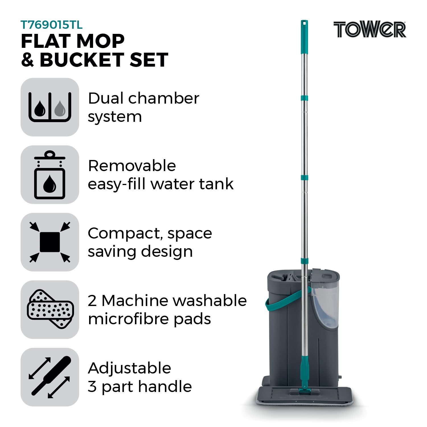 Tower Flat Mop and Bucket Set - 2 Washable Microfibre Mop Heads, 1.8L Clean Tank, Teal 2