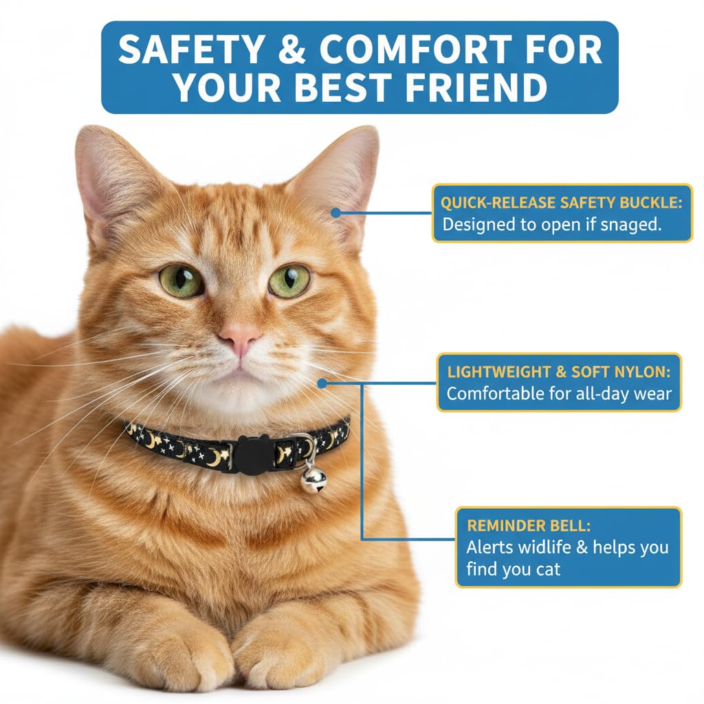 Muexoee Reflective Adjustable Cat Collar with Bell | Moon Star Print | Green | 2 Pack 5