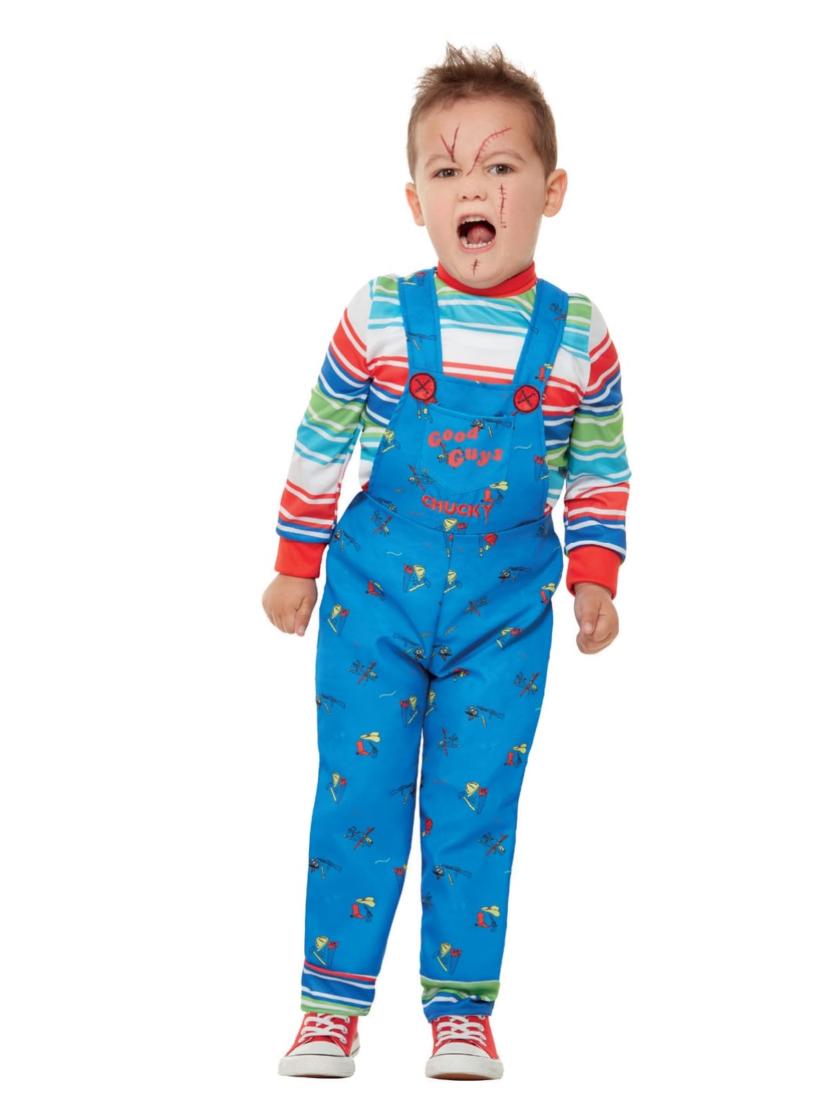 Smiffys Chucky Costume - Kids Blue Dungarees and Striped Top