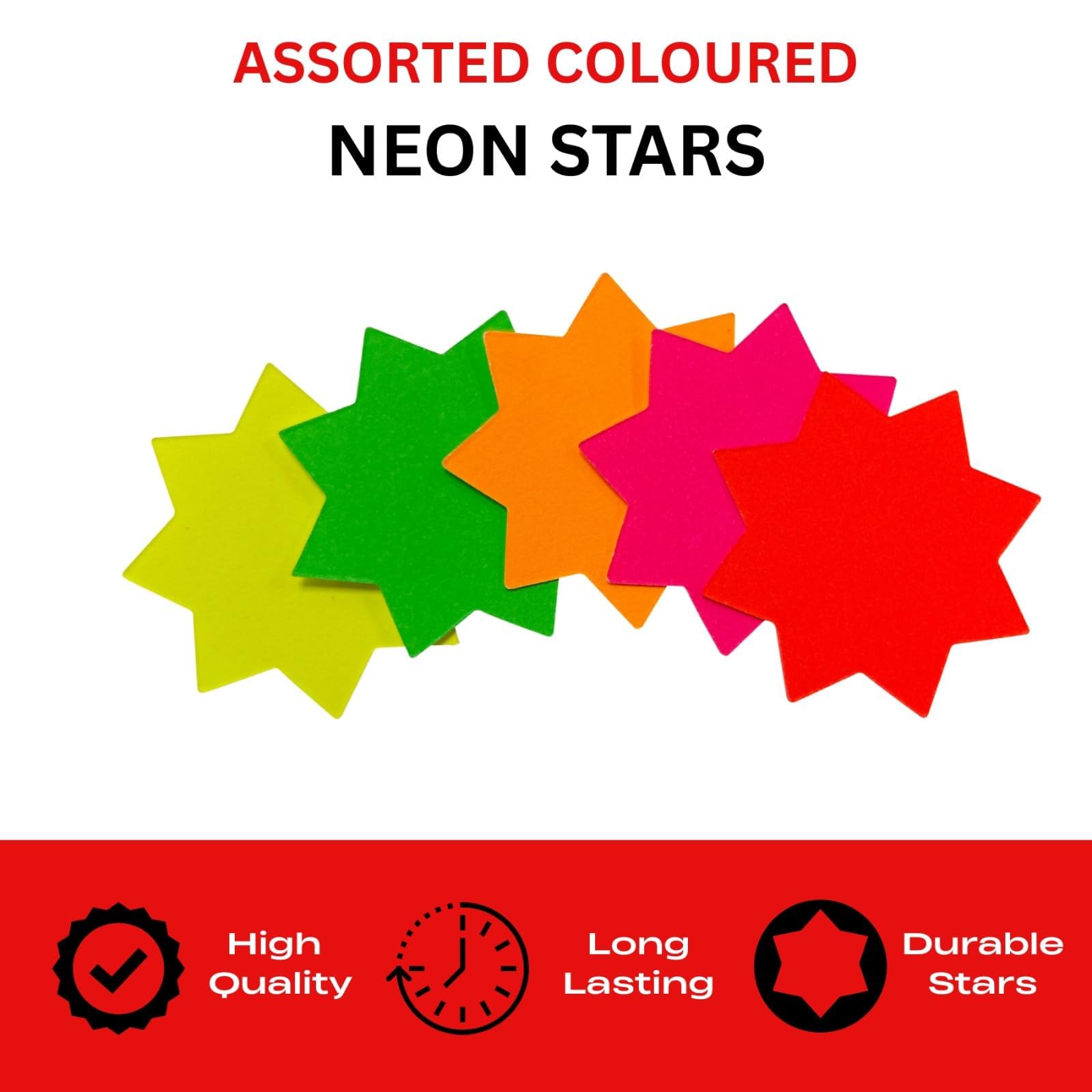Janrax Neon Fluorescent Star Labels - Assorted Colours, 100 x 100mm | Pack of 40 2