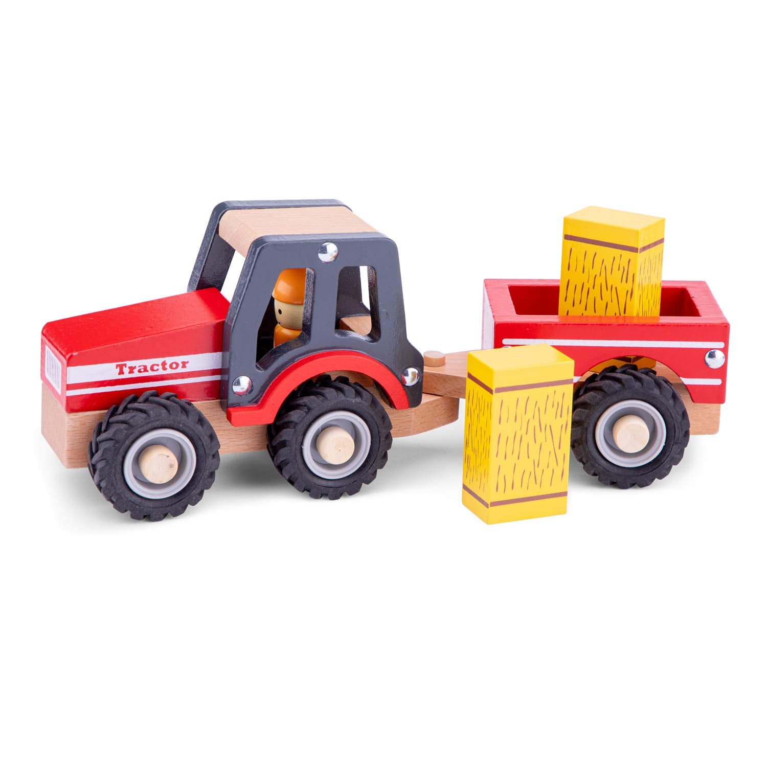 Woet Wooden Toy Tractor with Detachable Trailer & 2 Haystacks - Farm Play for Ages 18 Months+ 1