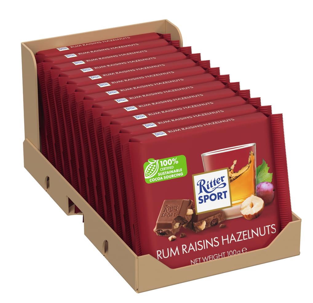 Ritter Sport Rum Raisins and Hazelnuts Milk Chocolate Bar, 100g, Case of 12