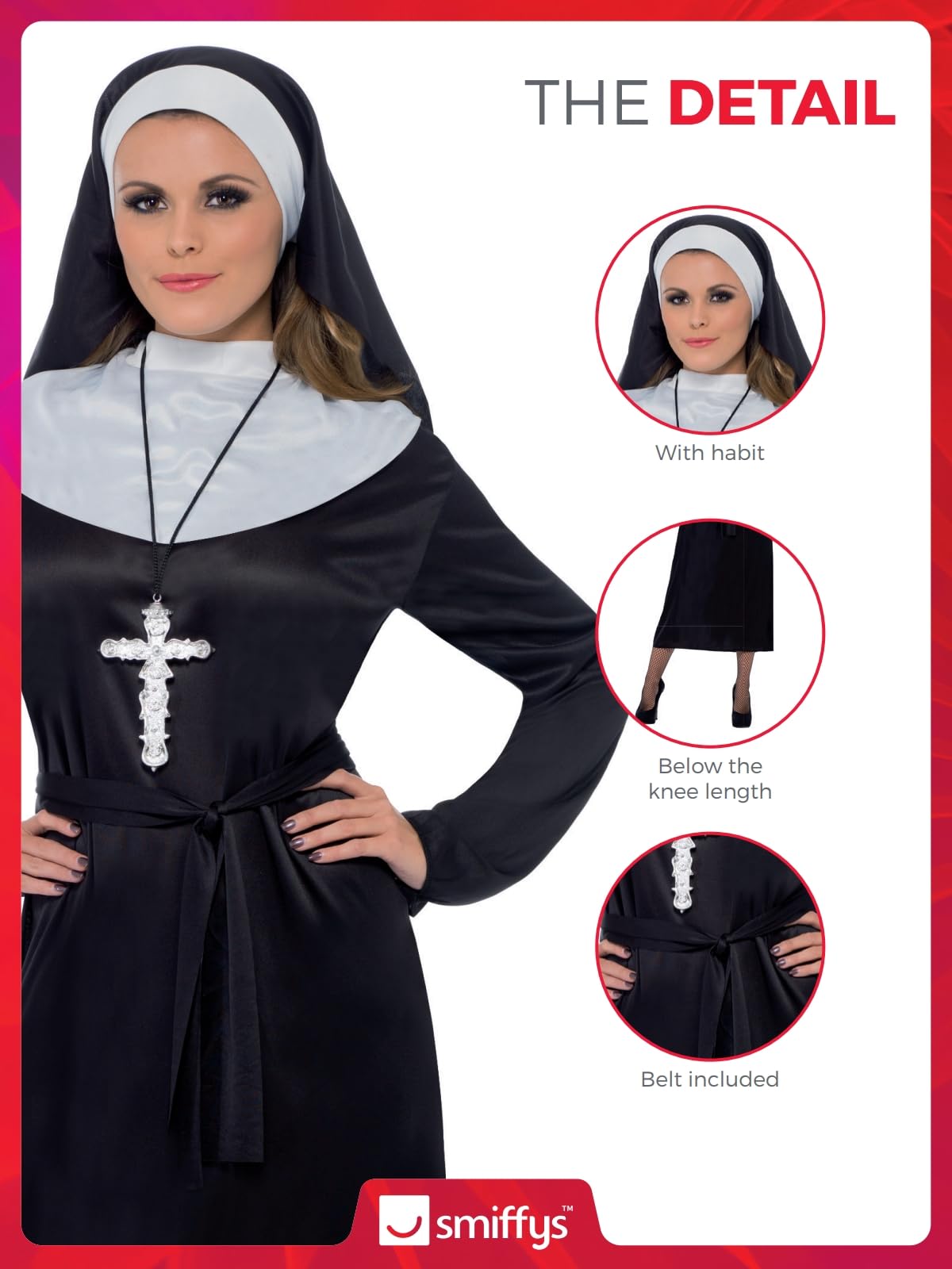 Smiffys Women's Nun Costume - Dress, Belt & Headdress, Size 12-14 8