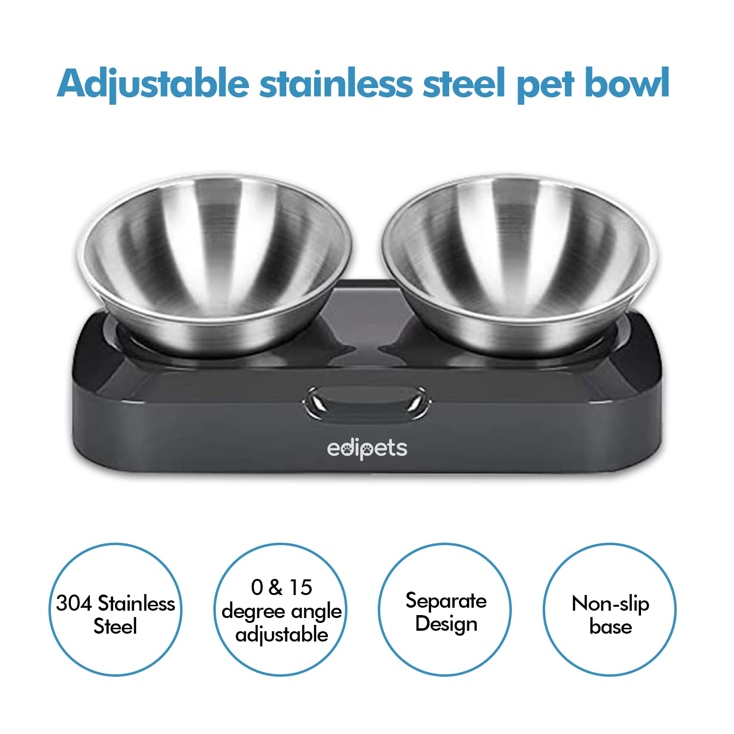 Edipets Double Stainless Steel Pet Bowl Set - Non-Slip Base | 2 Bowls | 5.1 Inch Diameter
