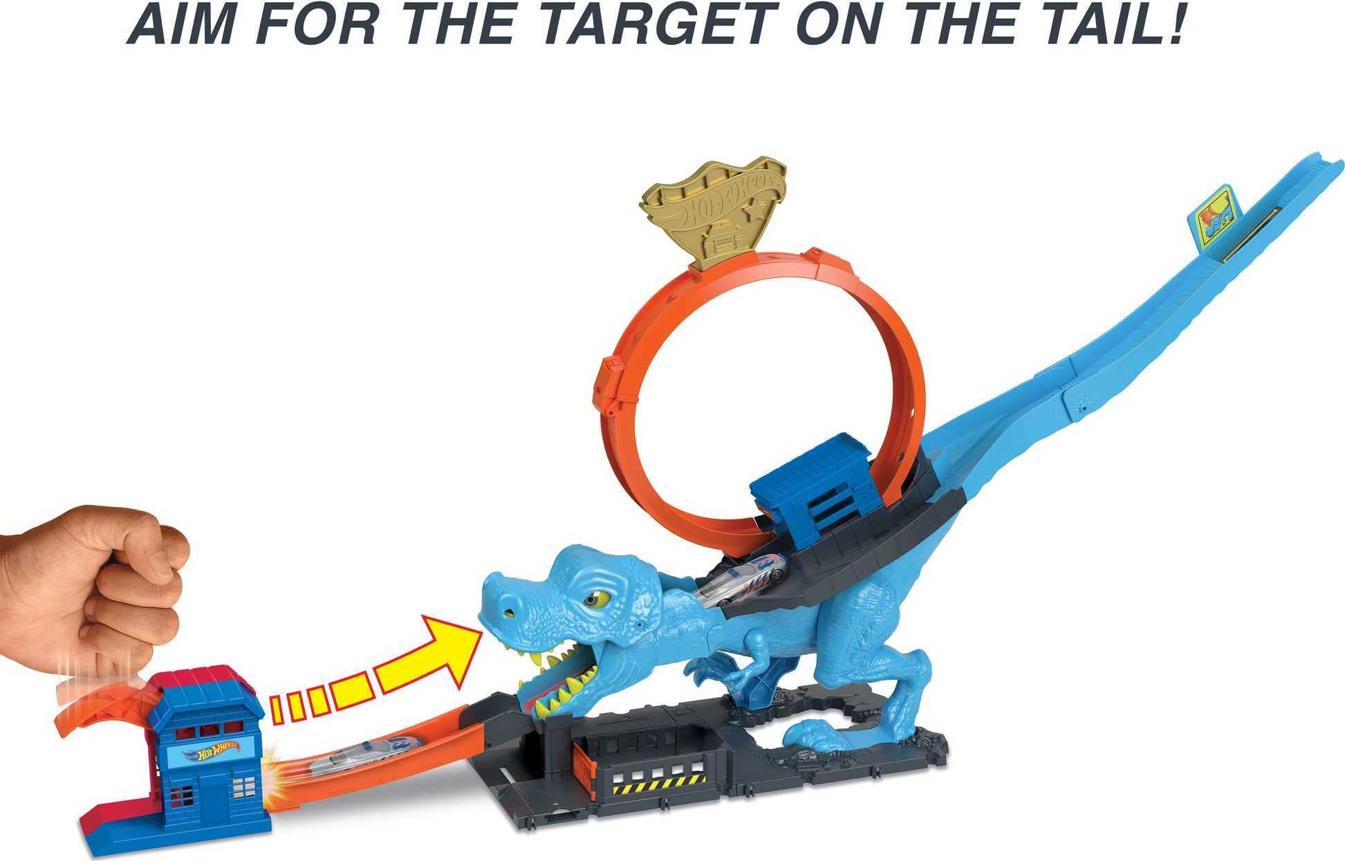 Hot Wheels City T-Rex Chomp Down Racetrack Playset - Stunt Loop with Slam Launcher & Knock-Down Dinosaur, Includes 1:64 Scale Car