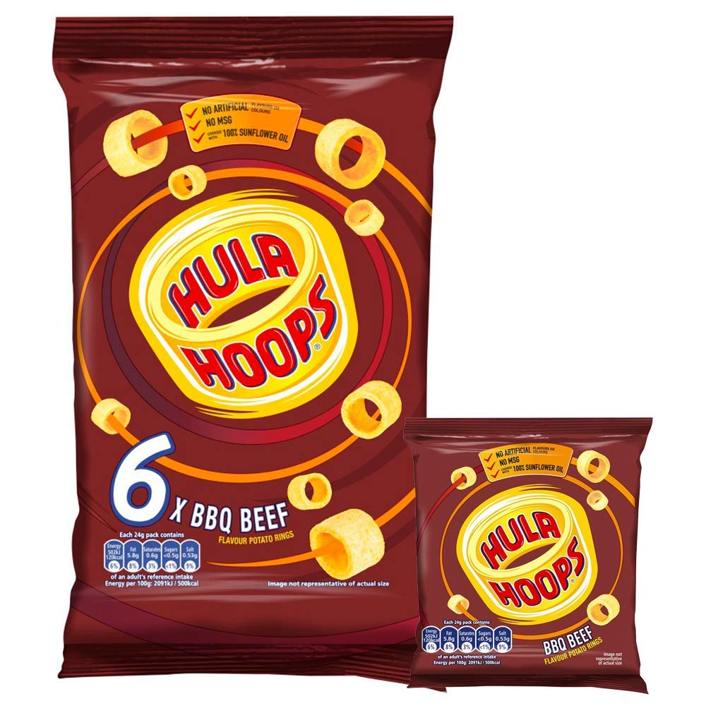 Hula Hoops BBQ Beef Multipack 6 x 24g - Crunchy Ring Potato Snacks