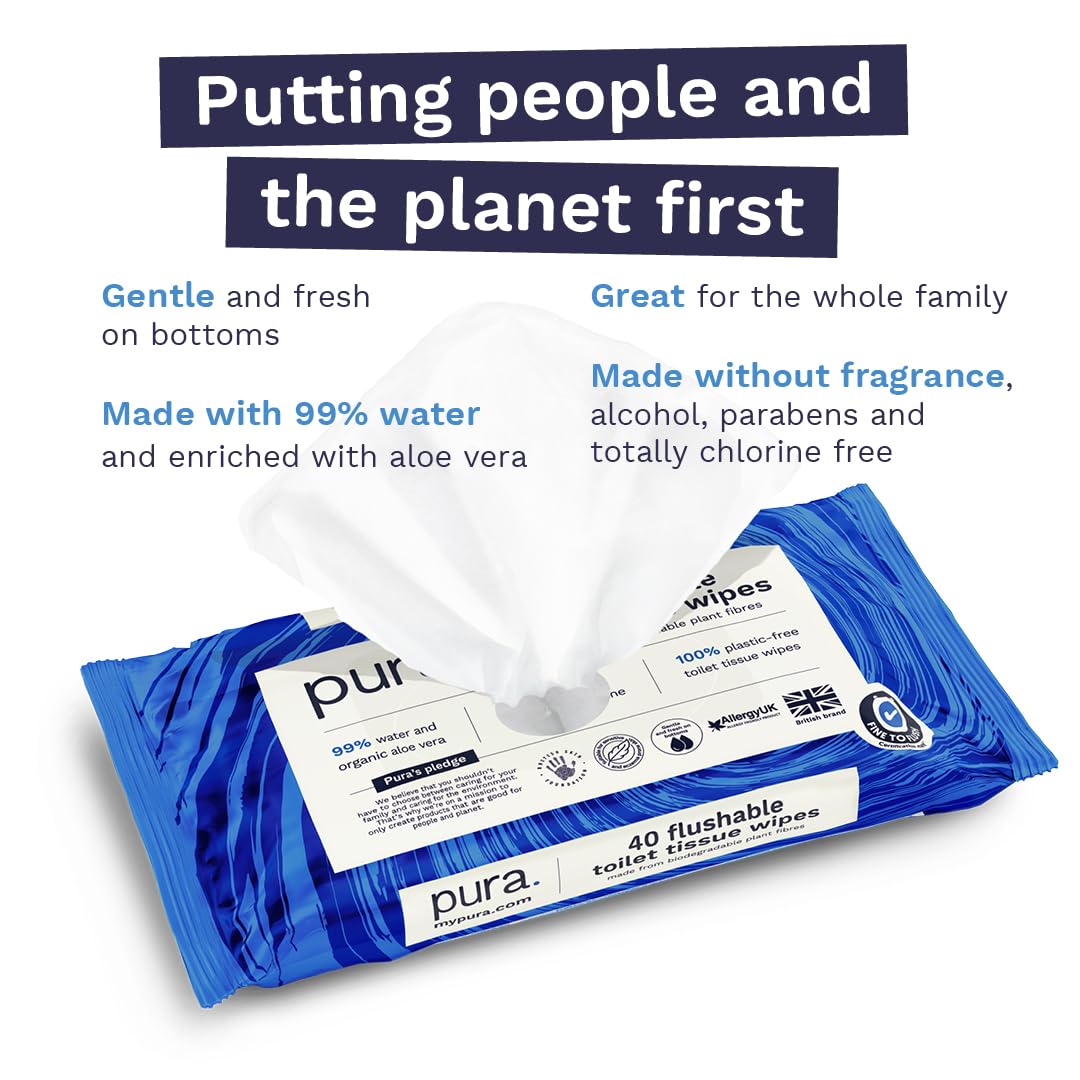 Pura - Flushable Moist Toilet Tissue Wipes 100% Plastic-Free Biodegradable Wet Wipes (40 Count) 9