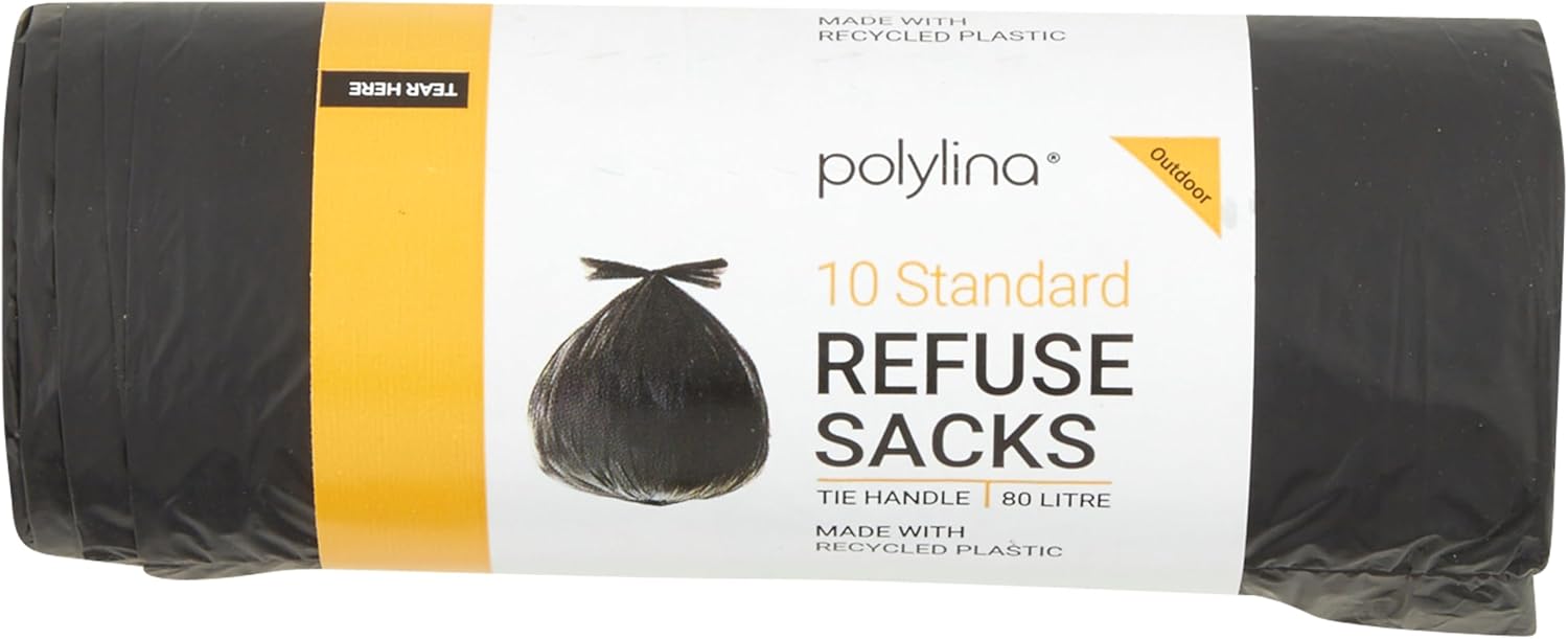 Polylina 10 Pack Tie Handle Refuse Sacks, 80 Litre Black Bin Bags Made from Recycled Plastic