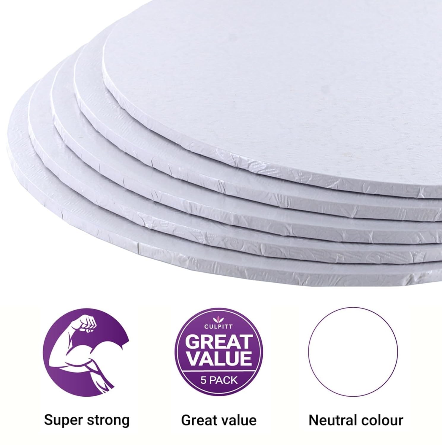 Culpitt White Masonite Cake Board - Strong Round Cake Drum, 4mm Thick, 10 Inch, 5 Pack