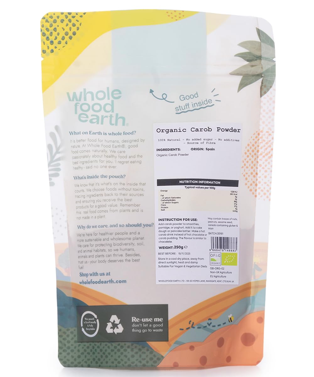 Organic Carob Powder 250g - Grade A Vegan Chocolate Substitute - Wholefood Earth 3