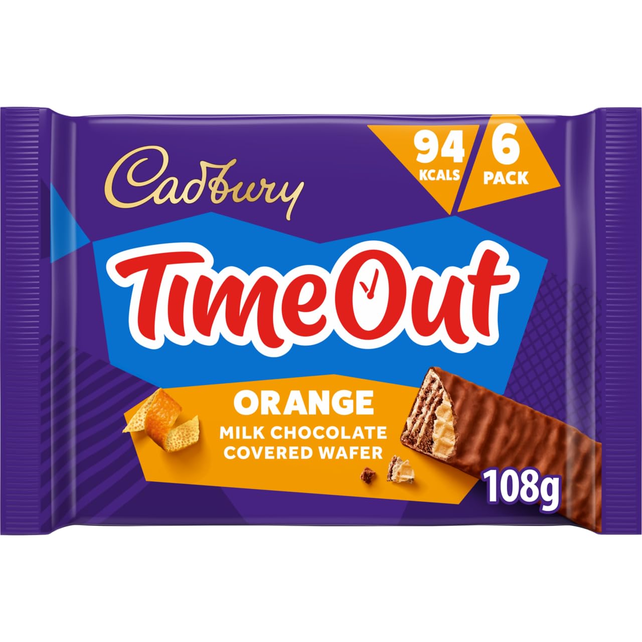 Cadbury Timeout Orange Milk Chocolate Covered Wafer Bars, 6-Pack Crispy Wafers with Zesty Orange Flavour
