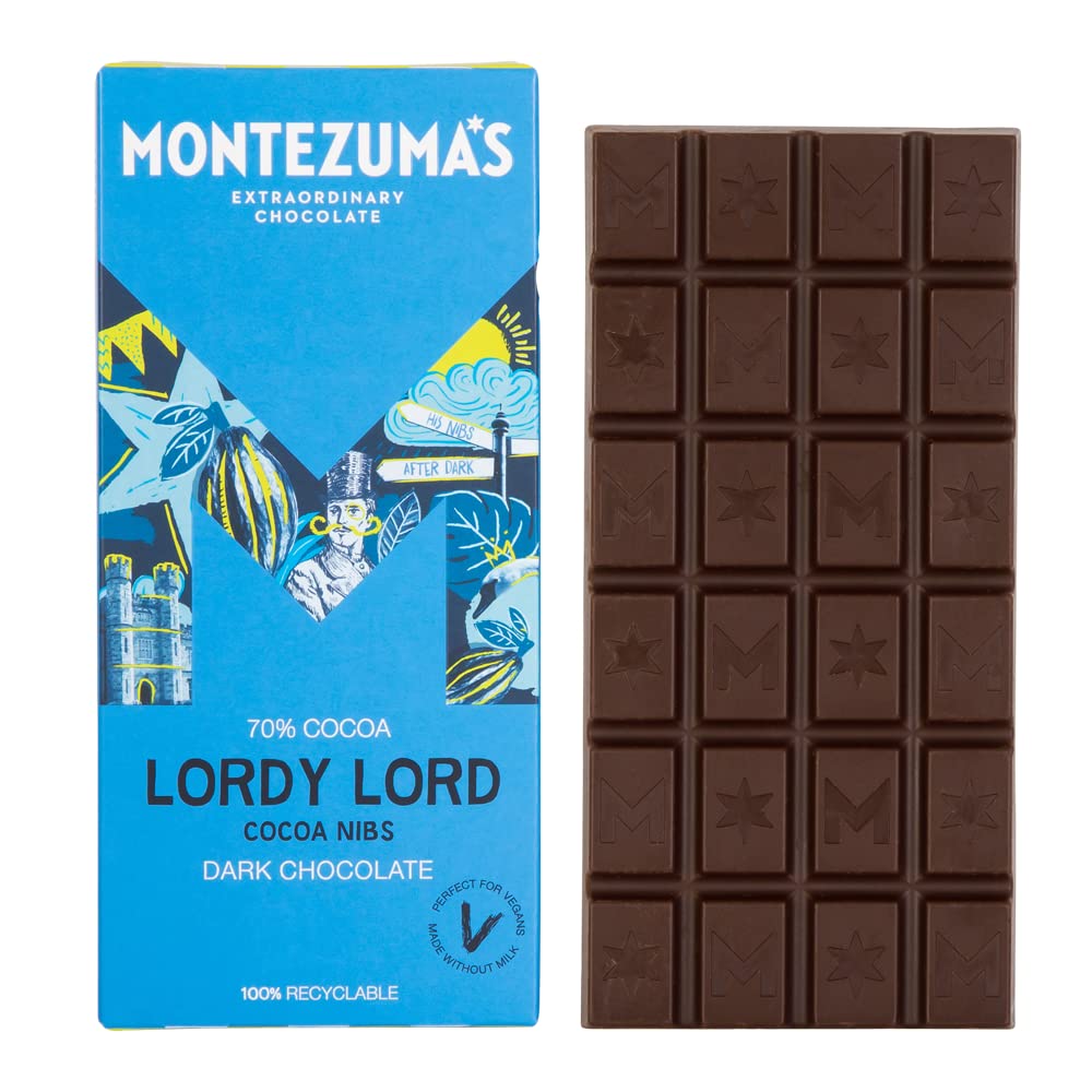 Montezuma - Lordy Lord 70% Cocoa Dark Chocolate Bar with Cocoa Nibs, Vegan & Gluten-Free, 90g