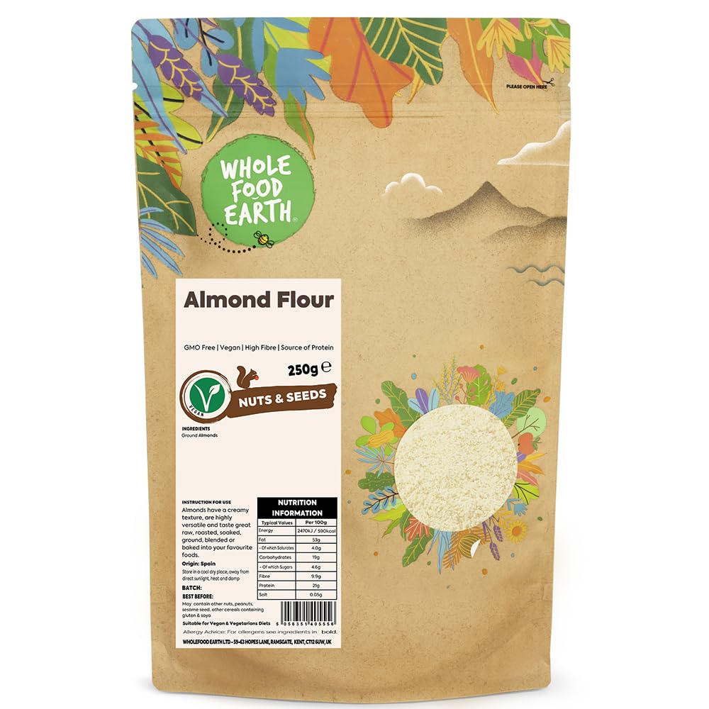 Wholefood Earth Almond Flour 250g | GMO-Free | High Fibre | Vegan | Recyclable Packaging
