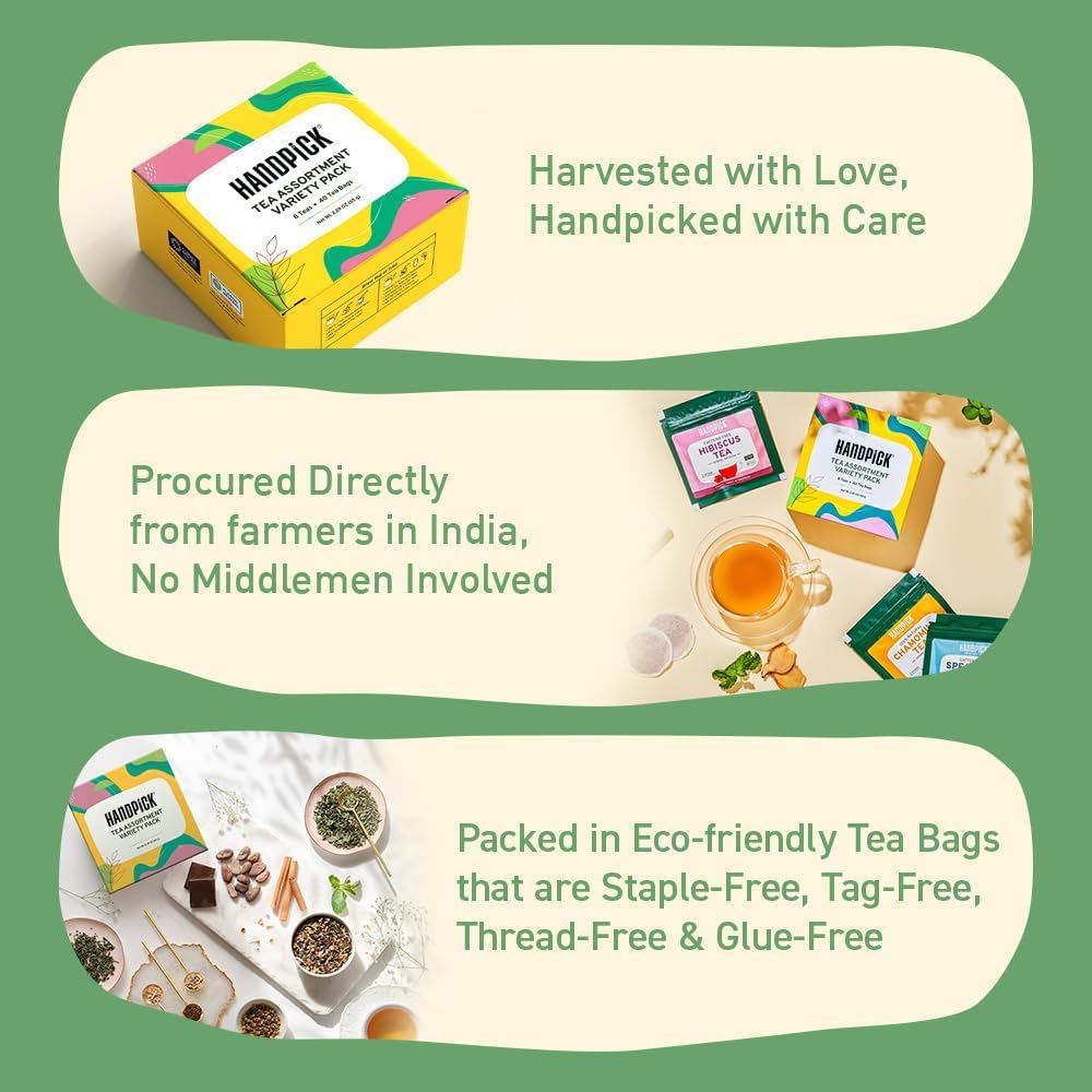 HANDPICK Tea Bags Sampler Assortment Variety Pack - 8 Flavors, 40 Tea Bags - Gift Box 9