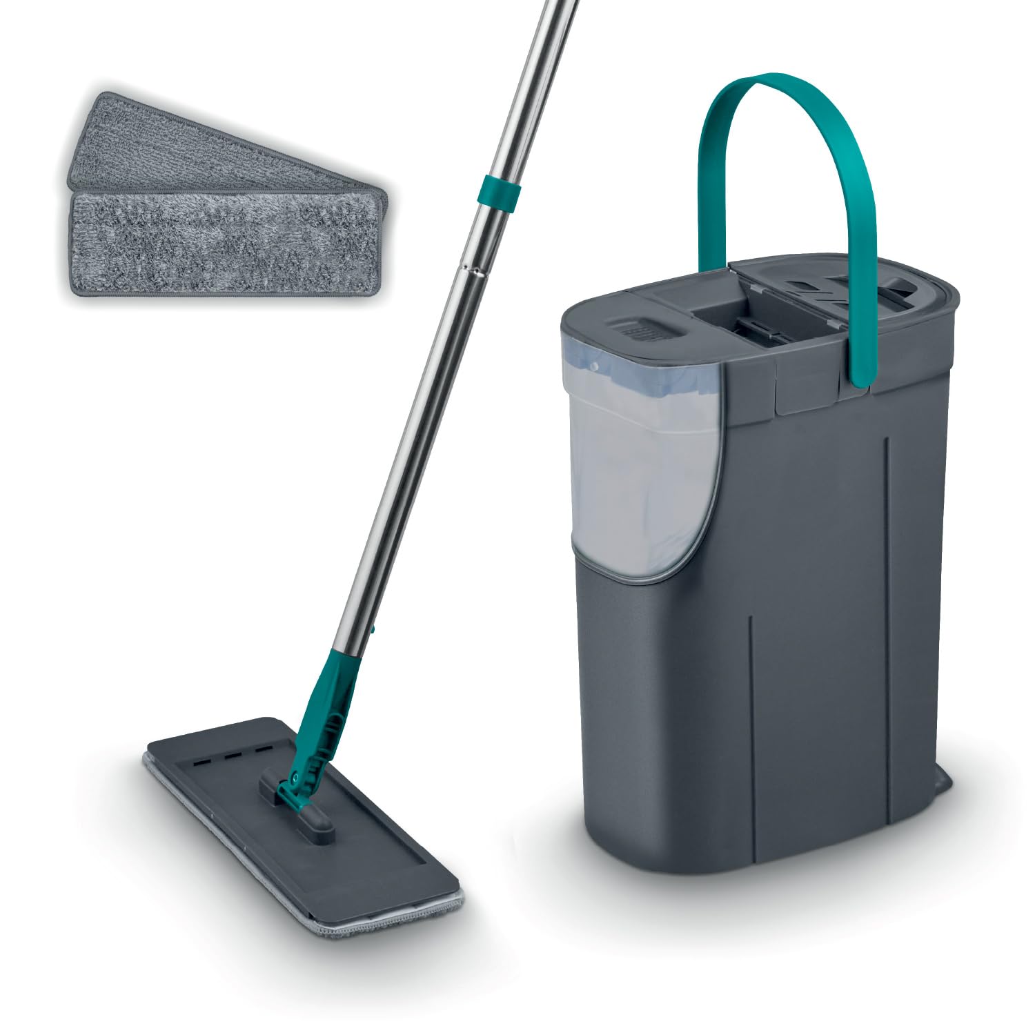 Tower Flat Mop and Bucket Set - 2 Washable Microfibre Mop Heads, 1.8L Clean Tank, Teal 1