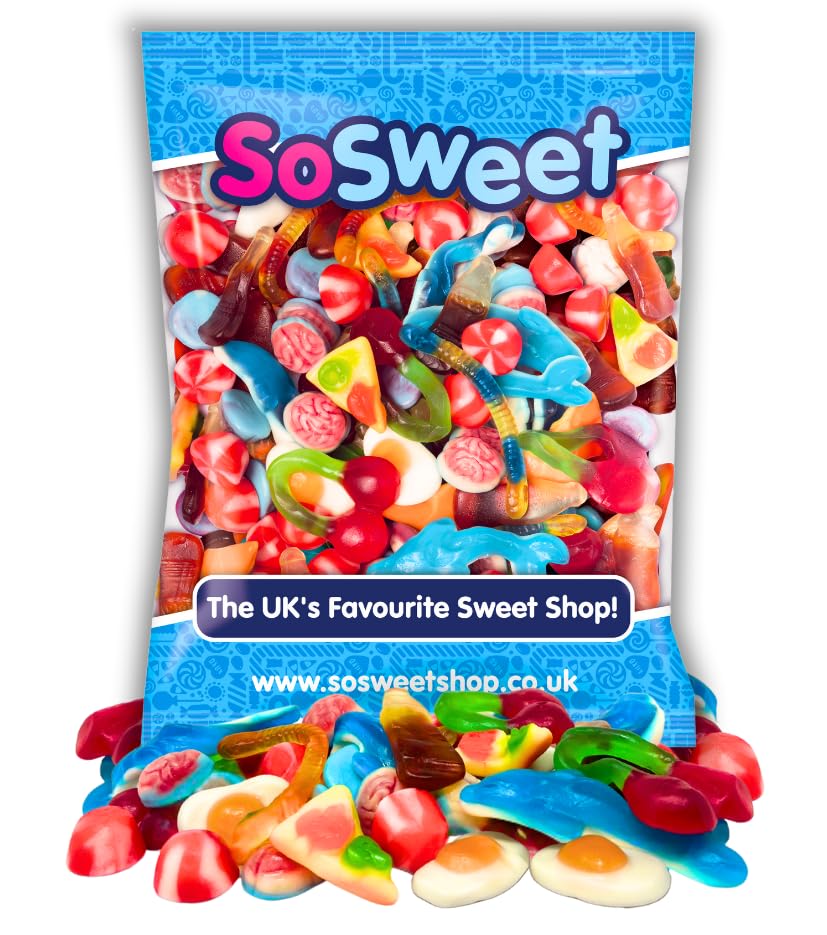 SoSweet Jelly Sweet Mix – 1-kg-Großpackung mit zähen Gelee-Süßigkeiten | Party-Pick &amp; Mix, Leckereien zum Teilen, Gummibärchen, Cola-Flaschen, Doppelkirschen